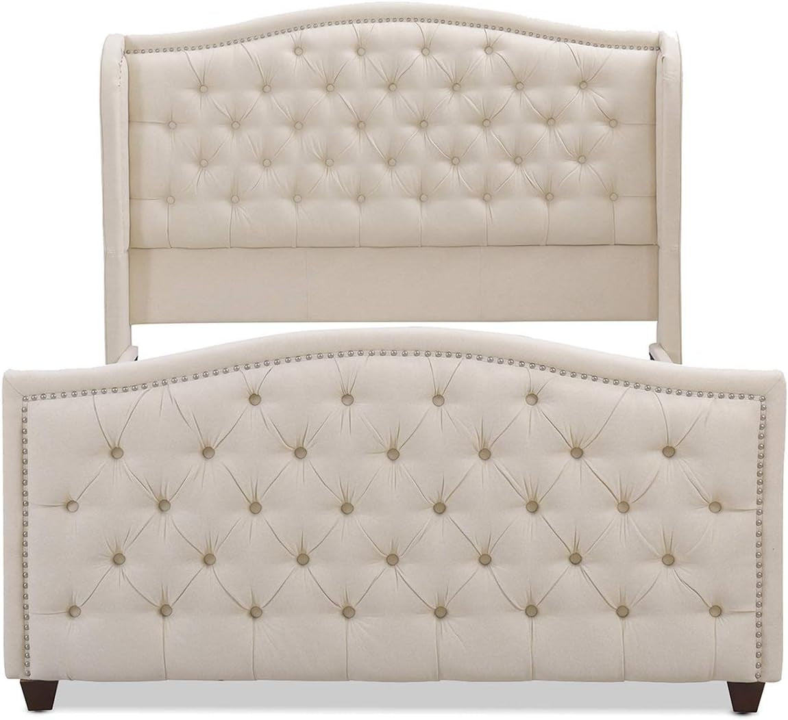 Anastasia Upholstered Shelter Headboard Bed Set, Queen, Sky Neutral Beige Polyester