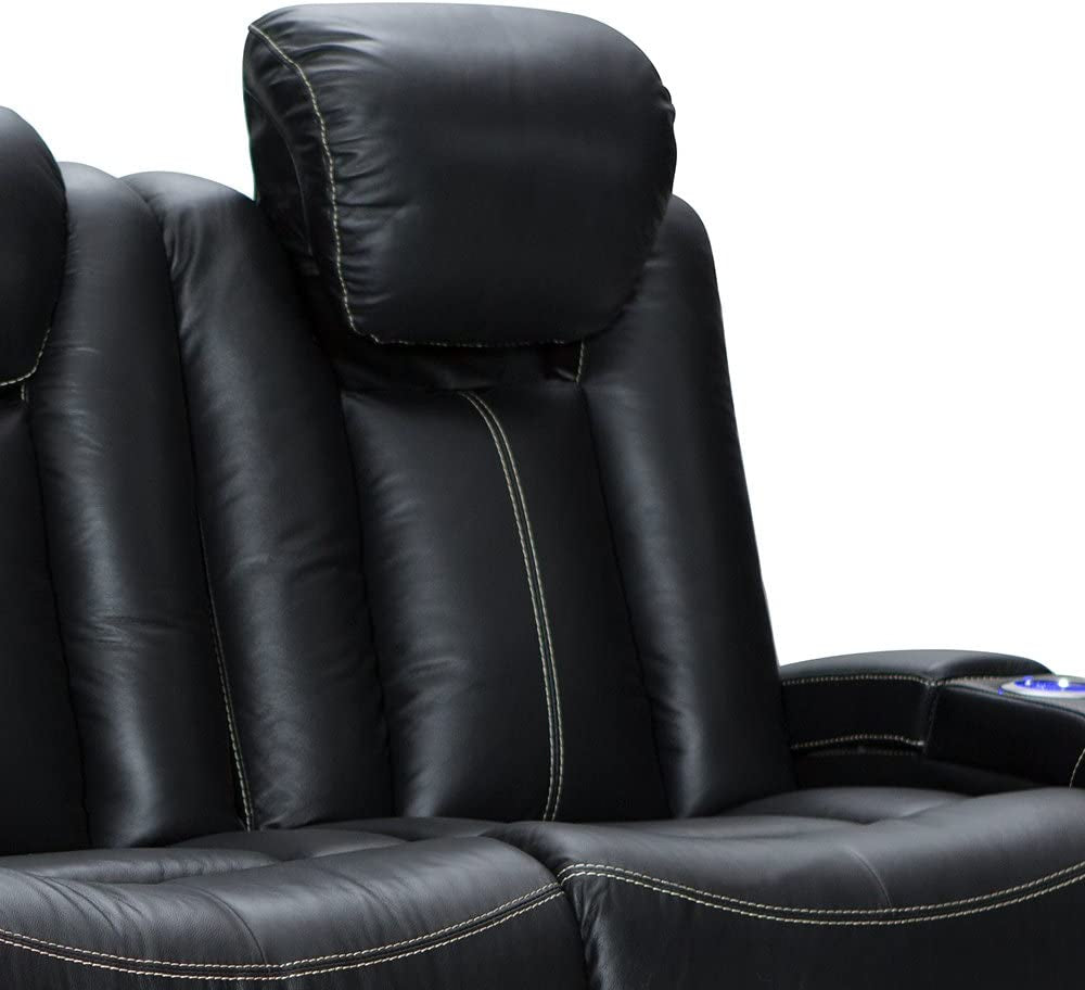 Omega Home Theater Seating - Leather Gel - Power Recline - Power Headrests - AC and USB Charging - Lighted Cup Holders - Fold down Table (Sofa, Black)