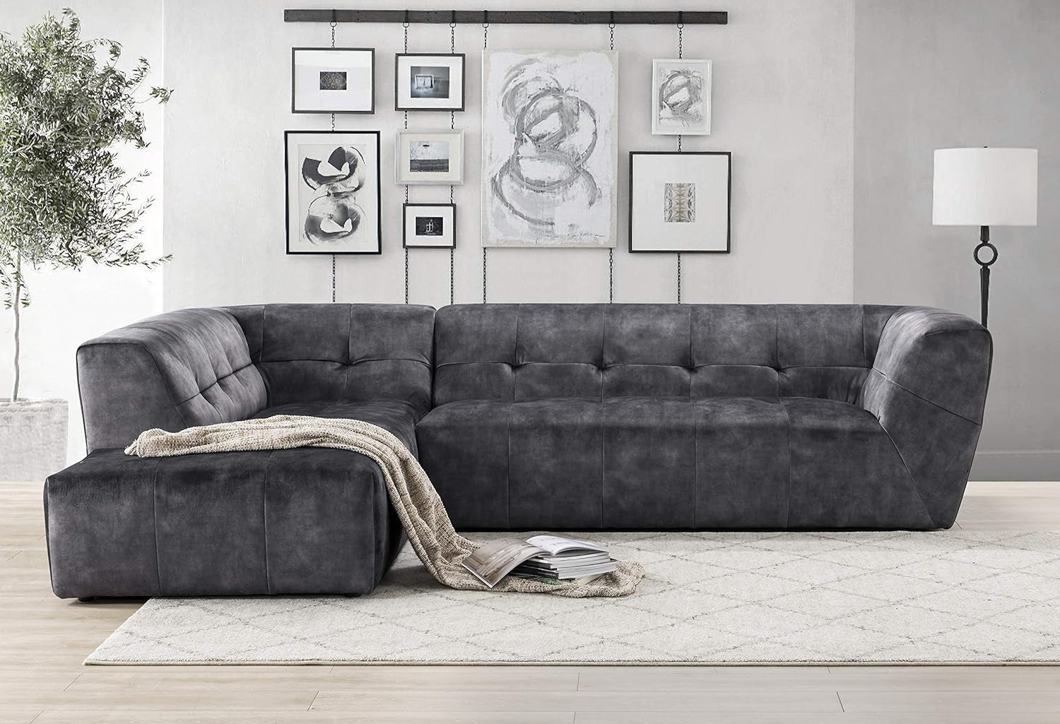 Luxury Mid-Century Velvet Tufted Low Back Sofa Set L-Shape 2-Piece Living Room Couch, 113"W Left Hand Facing Sectional, Grey