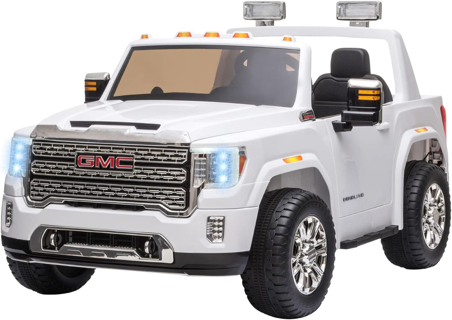 12V GMC Sierra HD Battery Kids Ride on Car with Remote Control, Bright Headlights, & Working Suspension, White