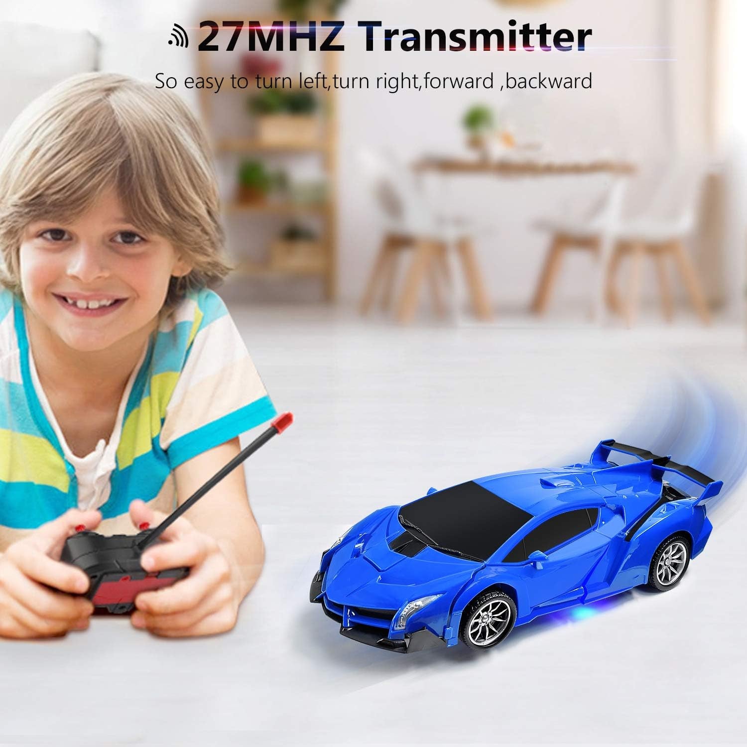 RC Car for Kids Transform Car Robot, Remote Control Super Car Toys with One-Button Deformation and 360°Rotating Drifting 1:18 Scale, Best Happy New Year Birthday Gifts for Boys Girls (Blue)