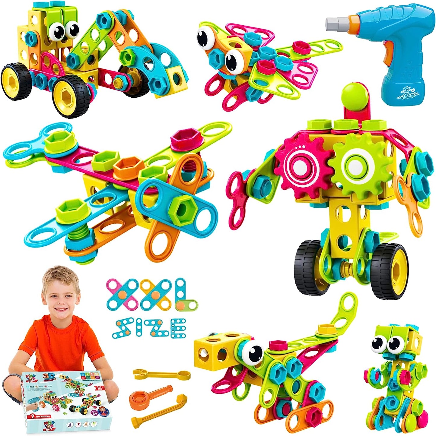 STEM Toys KIT 260 PCS W/Drill | Educational Construction Set + Mechanical Screwdriver, Creative Construction Toys, Building Blocks, Car Wheels Cogs Learning Set for Boys & Girls 4 5 6+ Years Old