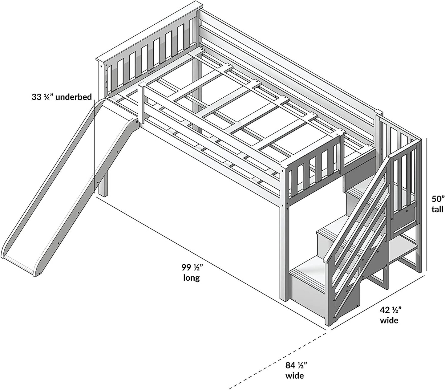 Low Loft Bed, Twin Bed Frame for Kids with Stairs and Slide, Clay