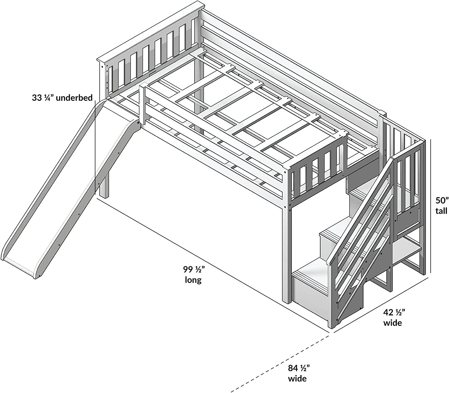 Low Loft Bed, Twin Bed Frame for Kids with Stairs and Slide, Clay