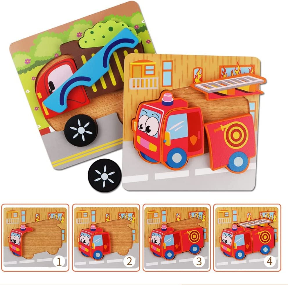 Wooden Puzzles for Toddlers 4 Pack Vehicle Shape Preschool Montessori Toys for Boys and Girls,Fine Motor Skill Early Learning Educational Gift for 1 2 3 Years Old Toddlers