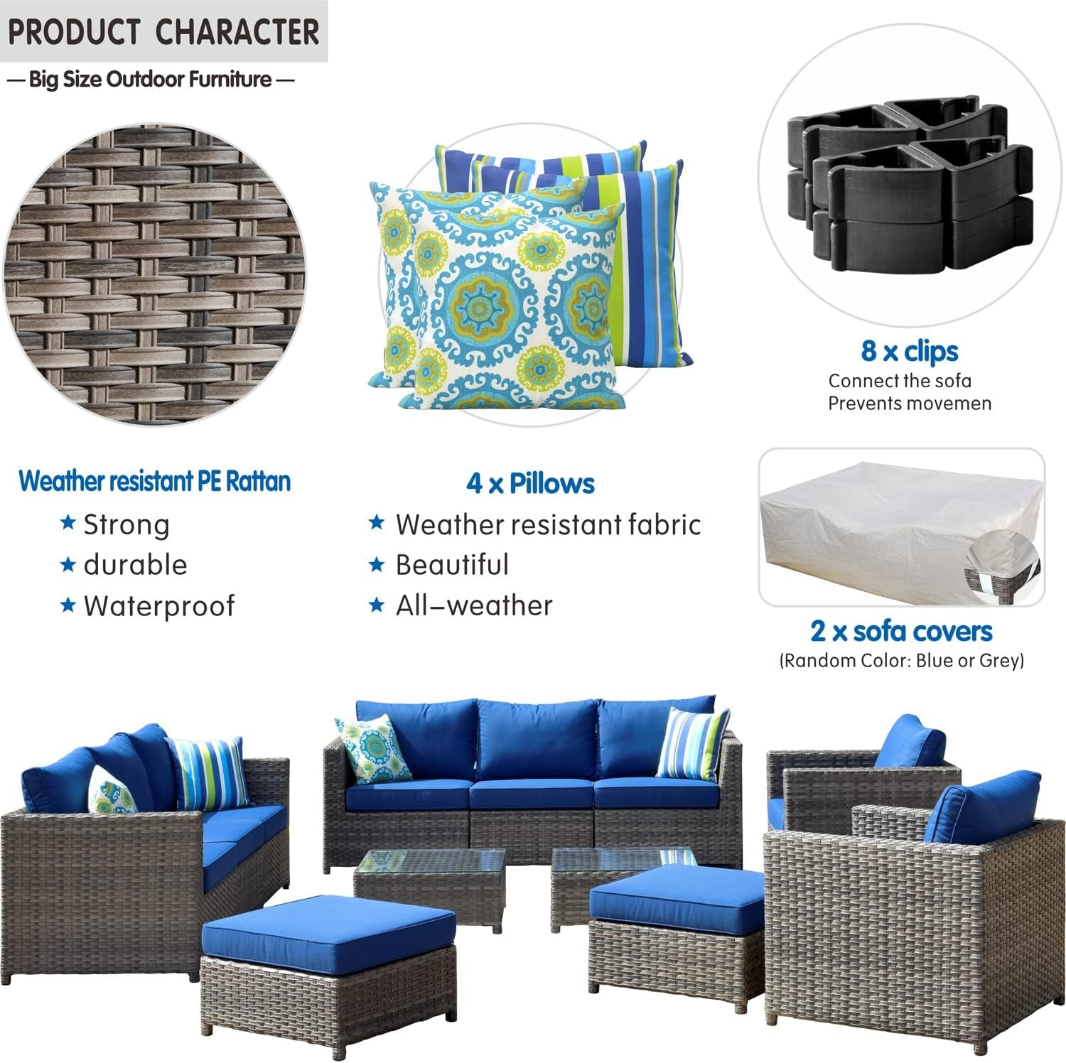 Patio Furniture Sets Outdoor Sectional Sofa 12 Pieces No Assembly Required Big Size All Weather Wicker Aluminum Conversation Set with 4 Pillows and 2 Furniture Covers,Grey Wicker Navy Blue