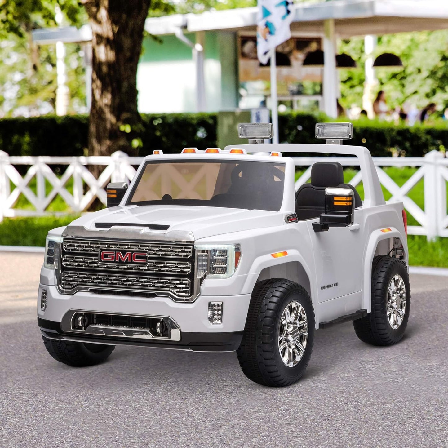 12V GMC Sierra HD Battery Kids Ride on Car with Remote Control, Bright Headlights, & Working Suspension, White