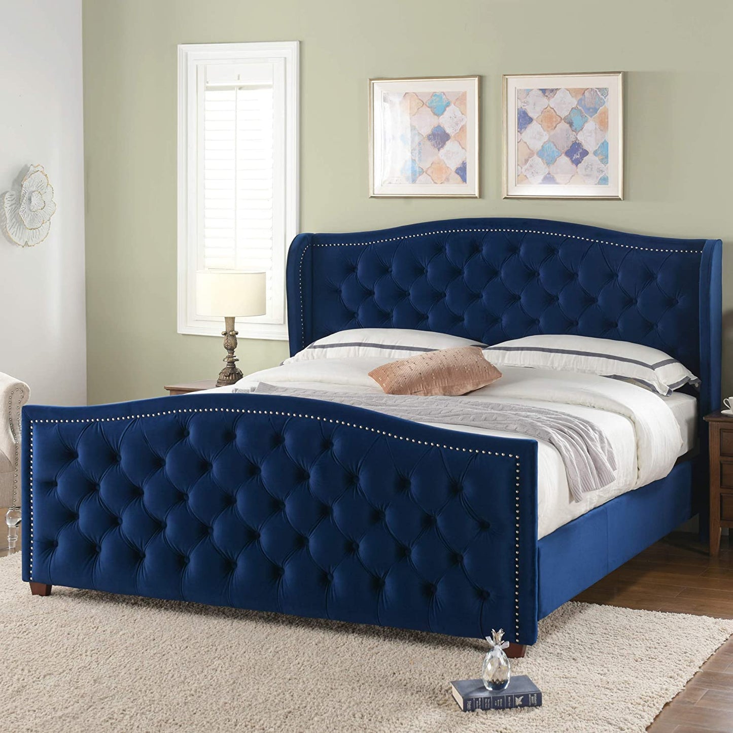 Anastasia Upholstered Shelter Headboard Bed Set, King, Navy Blue Velvet