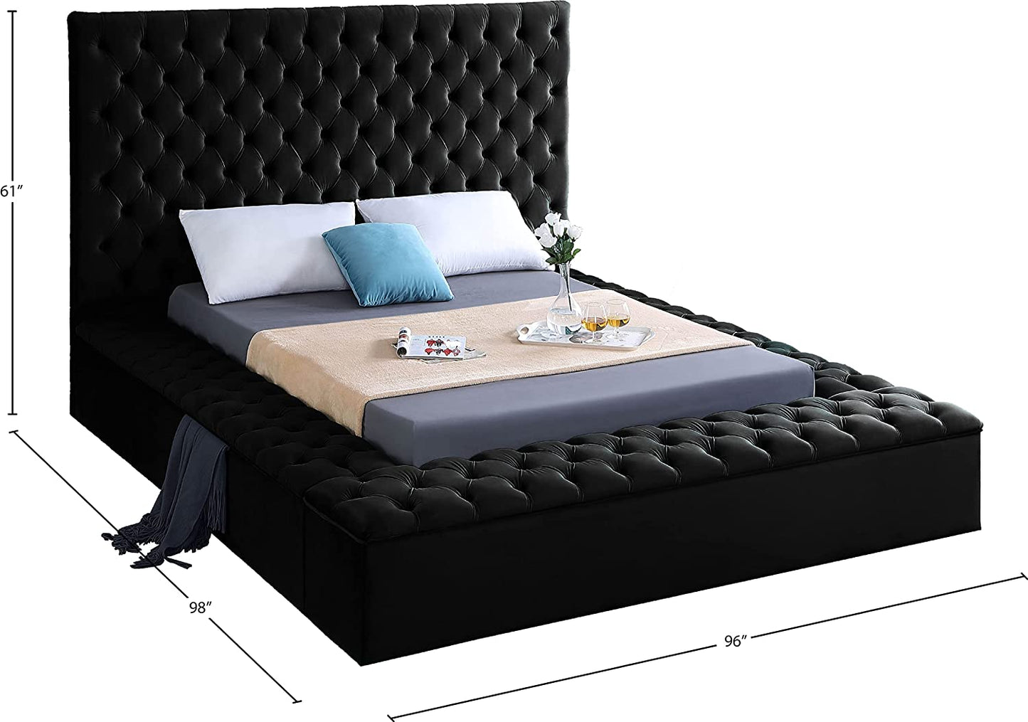 Bliss Collection Modern | Contemporary Velvet Upholstered Bed with Deep Button Tufting and Storage Compartments in Rails and Footboard, Black, King