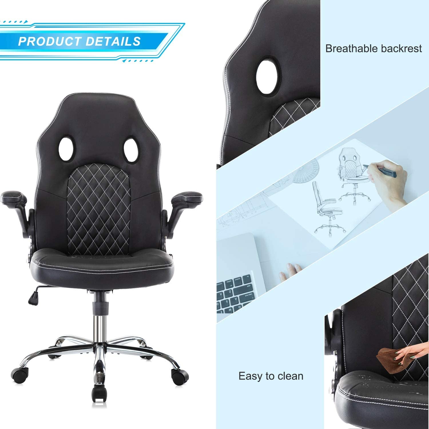 Gaming Chair Ergonomic Office Chair PU Leather Computer Chair High Back Desk Chair Adjustable Swivel Task Chair with Lumbar Support/Adjustable Armrests, Black