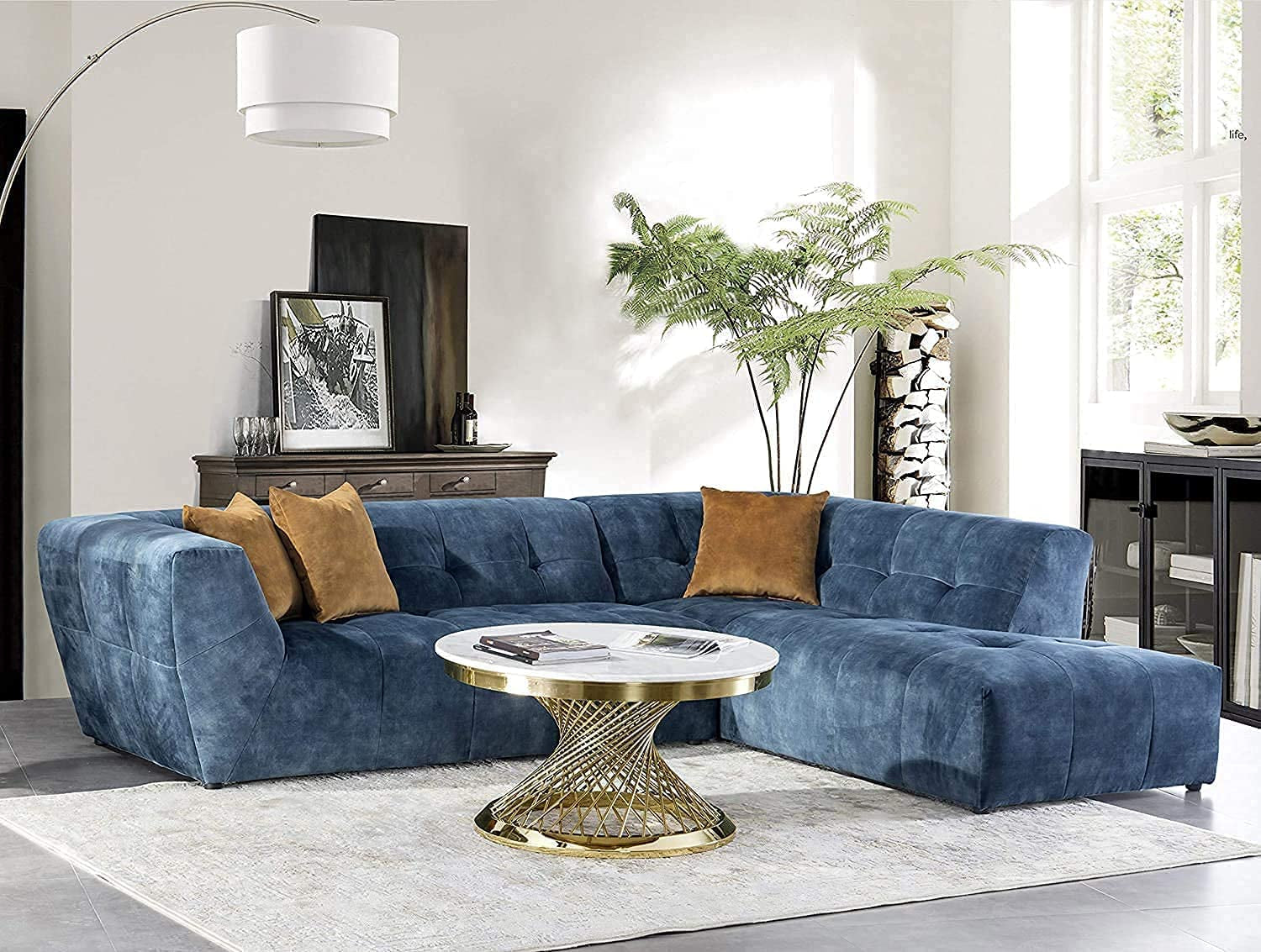 Mid-Century Velvet Sofa Couch for Living Room, L-Shape 2-Piece Chaise, Blue, 113" W Right Hand Facing Sectional