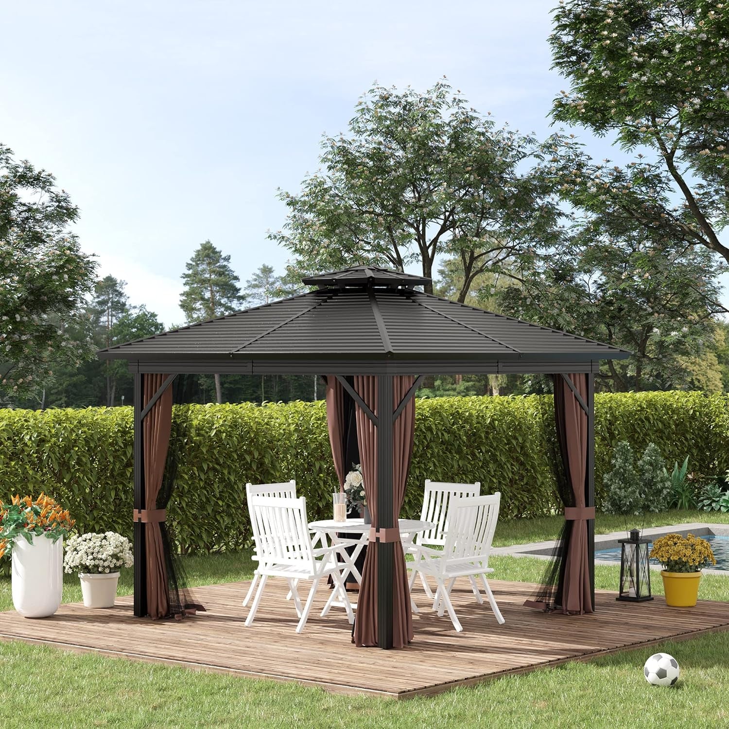 10' X 10' Hardtop Gazebo Canopy with Galvanized Steel Double Roof, Aluminum Frame, Permanent Pavilion Outdoor Gazebo with Netting and Curtains for Patio, Garden, Backyard, Brown