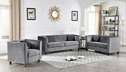 Soft Elegant High Density Foam Cool Grey Velvet Chesterfield Tight Back 3 PC with Removable Cushion & Solid Wood Legs (S5530-5535) Living Room Set