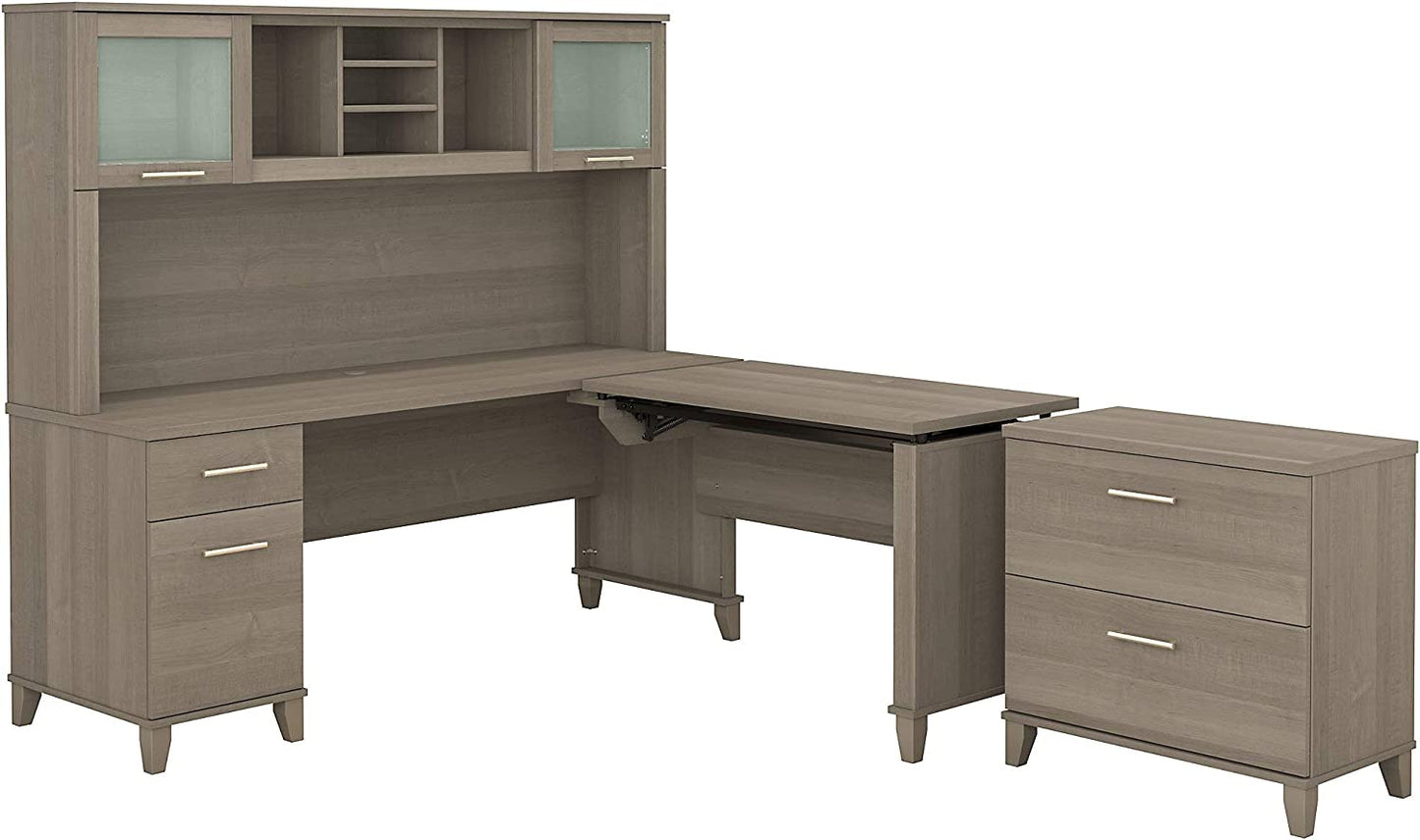 Somerset 72W 3 Position Sit to Stand L Shaped Desk with Hutch and File Cabinet in Ash Gray