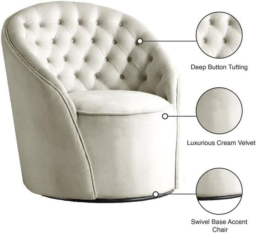 Alessio Collection Modern | Contemporary Velvet Upholstered Swivel Base Accent Chair with Deep Button Tufting and Rounded Design, 30" W X 28.5" D X 32" H, Cream