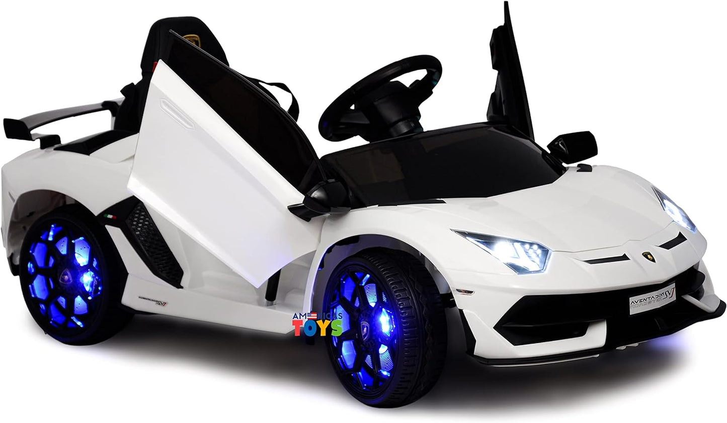 Ride on Toys - 12V Battery Operated Ride on Car with Remote Control –  Kids Electric Car with Butterfly Doors, Spoiler, Leather Seat, MP3 Music, Horn, Compatible with Lamborghini White