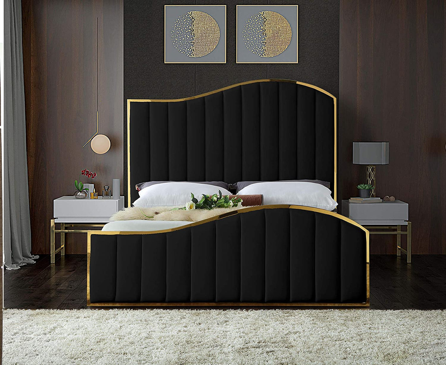 Jolie Collection Modern | Contemporary Velvet Upholstered Bed with Channel Tufting, and Polished Gold Metal Frame, Black, Queen