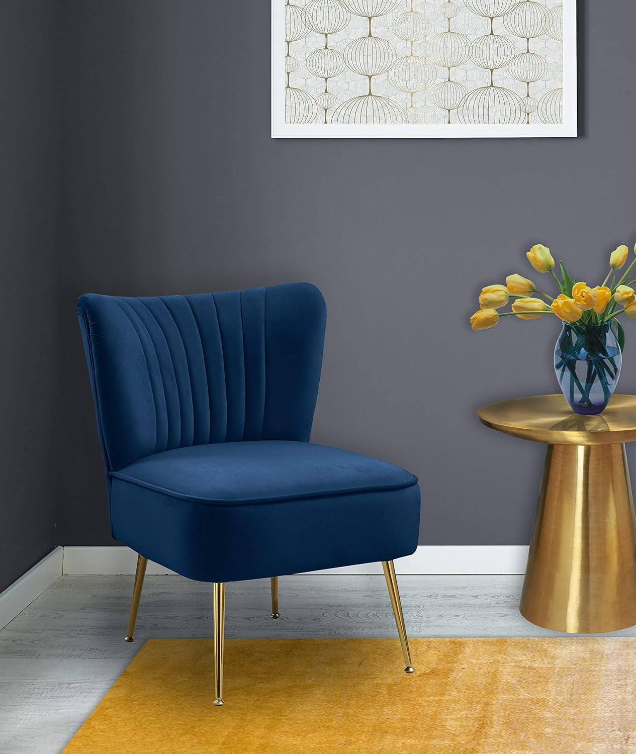 Tess Collection Modern | Contemporary Velvet Upholstered Accent Chair with Deep Channel Tufting and Custom Gold Steel Legs, 22.5" W X 26.5" D X 29.5" H, Navy