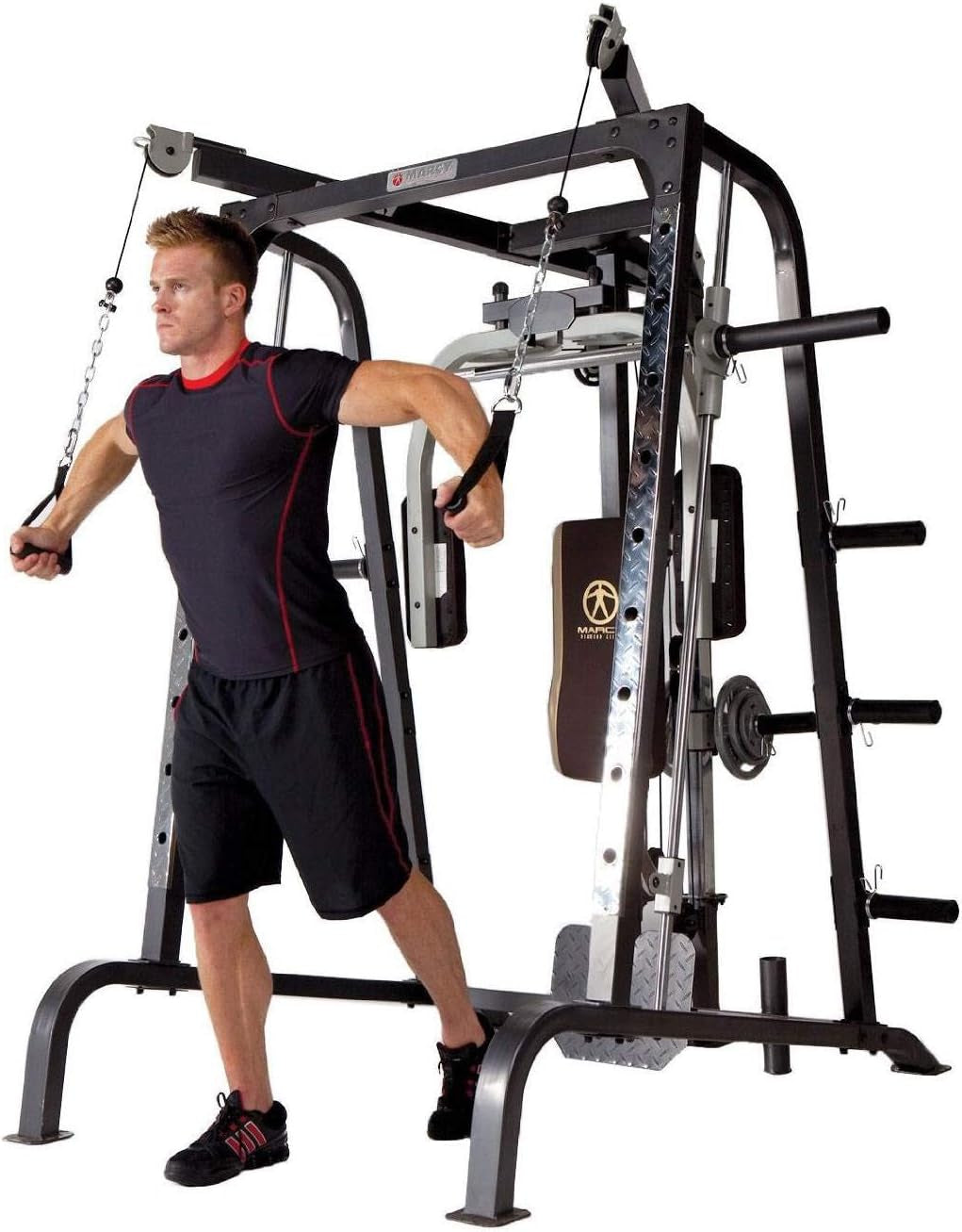 Pro Smith Cage Workout Machine Full Body Training Home Gym System with Leg Developer, Press Bar, Cable Crossovers and Squat Rack, White