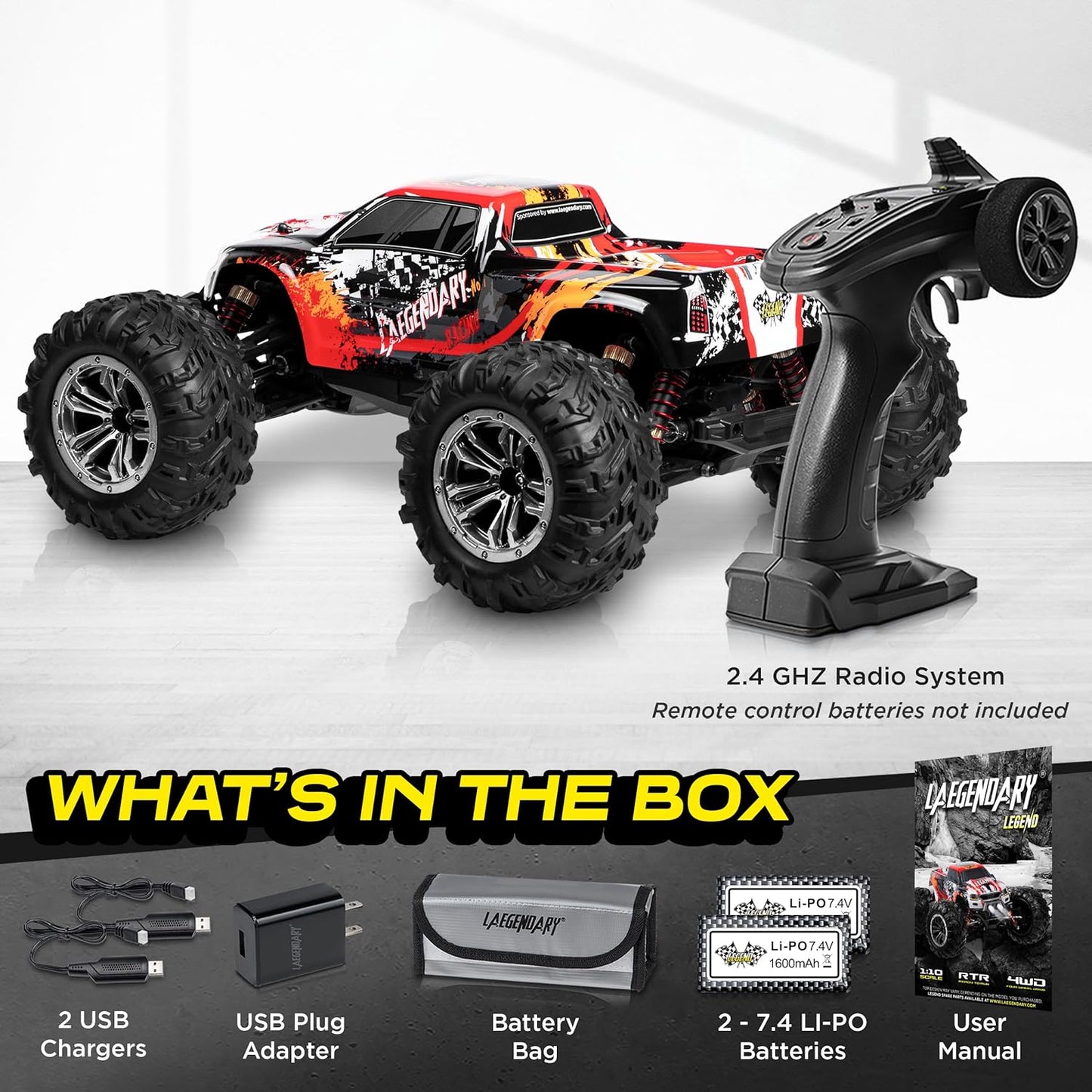 Remote Control Car, Hobby Grade RC Car 1:10 Scale Brushed Motor with Two Batteries, 4X4 Off-Road Waterproof RC Truck, Fast RC Cars for Adults, RC Cars, Remote Control Truck