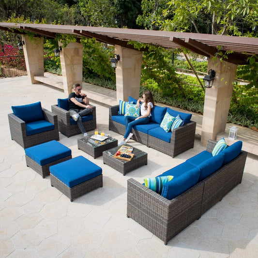 Patio Furniture Sets Outdoor Sectional Sofa 12 Pieces No Assembly Required Big Size All Weather Wicker Aluminum Conversation Set with 4 Pillows and 2 Furniture Covers,Grey Wicker Navy Blue