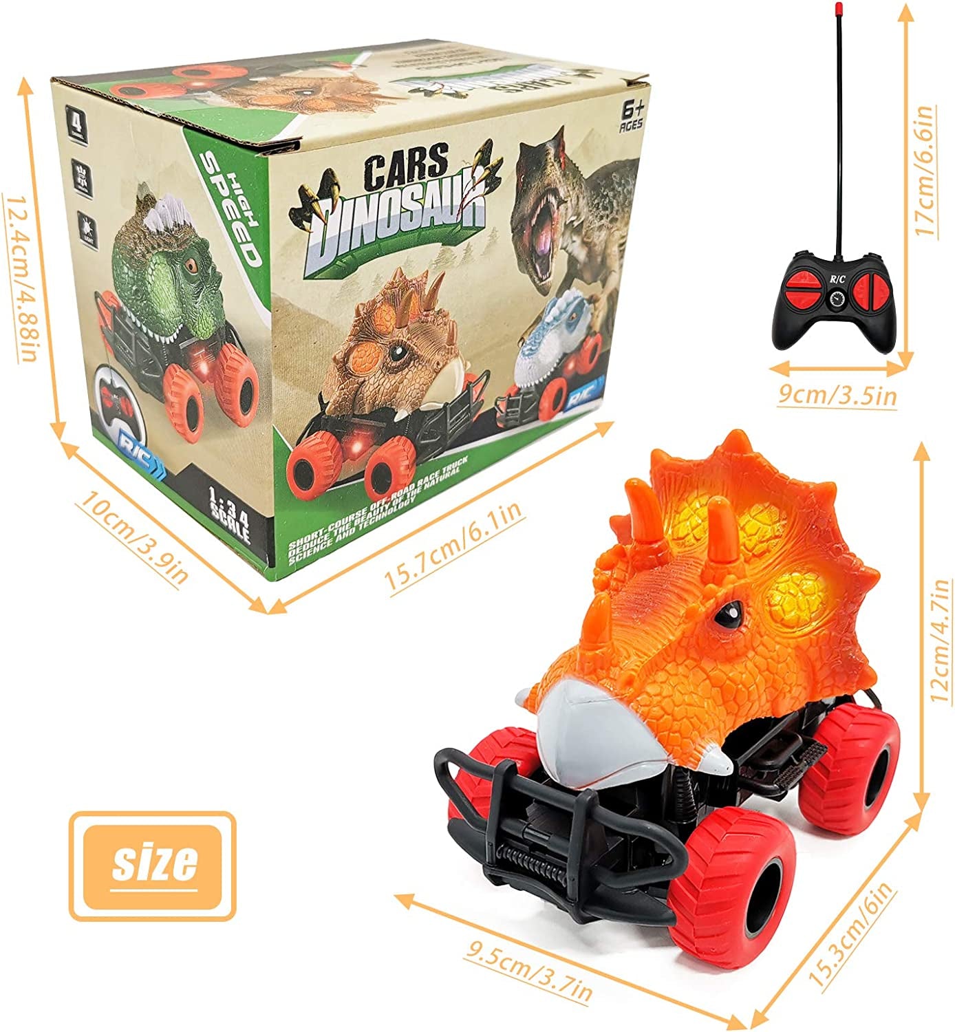 Dinosaur Toy RC Cars 1:34 Scale, Dinosaur Toys for Kids 3-5, Remote Control Car Toys for 3-7 Year Old Boys, Christmas Birthday Gifts for Kids 3,4,5,6,7 Year Old Boys Girls (Orange)