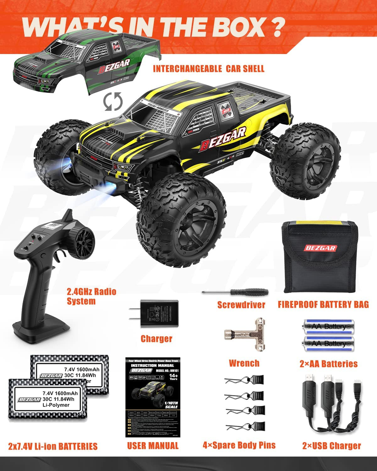 HM101 Hobby Grade 1:10 Scale Remote Control Truck with 550 Motor, 4WD Top Speed 42 Km/H All Terrains off Road RC Truck,Waterproof RC Car with 2 Rechargeable Batteries for Kids and Adults