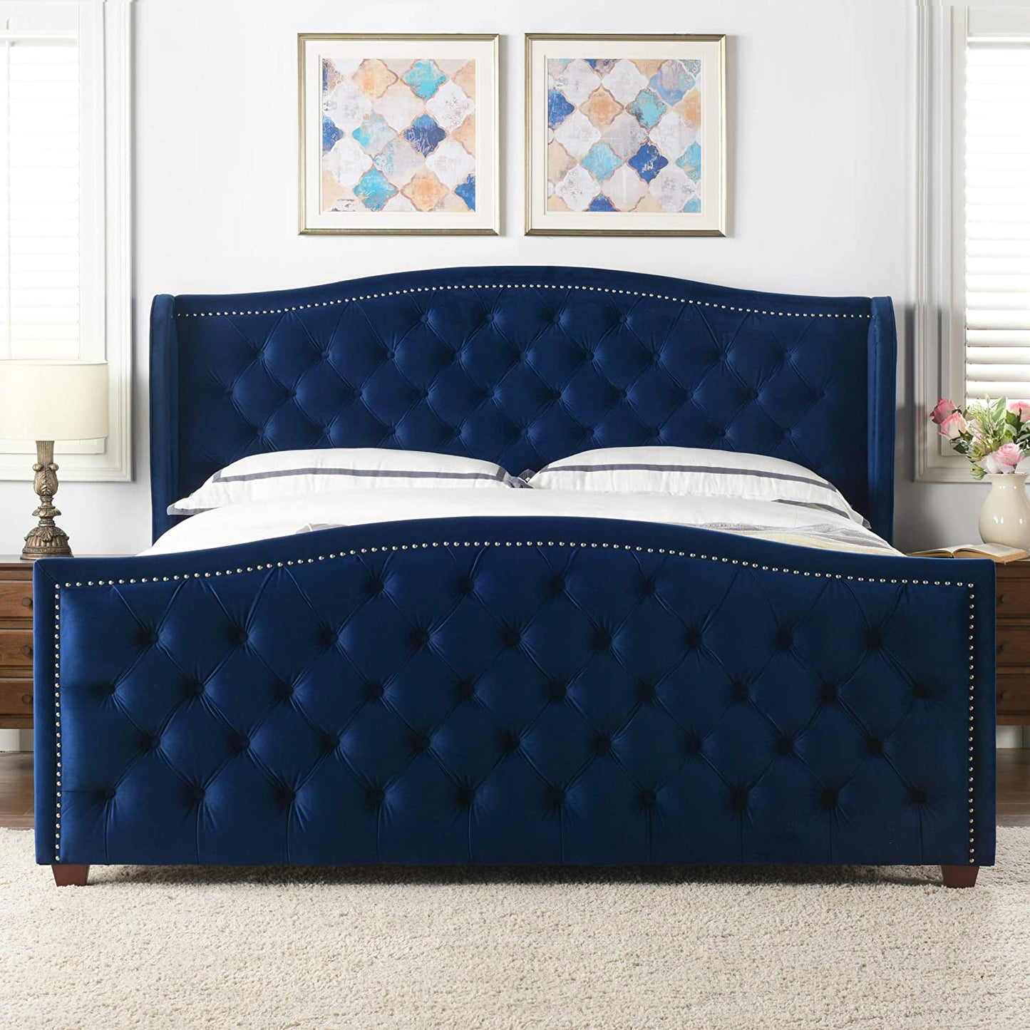 Anastasia Upholstered Shelter Headboard Bed Set, King, Navy Blue Velvet