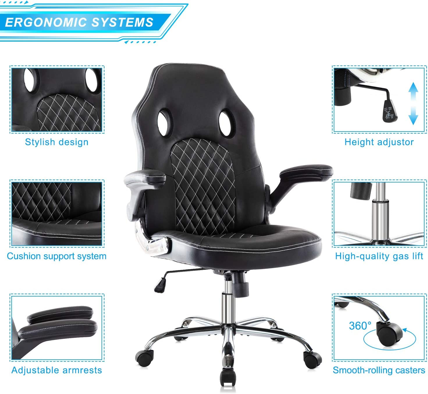 Gaming Chair Ergonomic Office Chair PU Leather Computer Chair High Back Desk Chair Adjustable Swivel Task Chair with Lumbar Support/Adjustable Armrests, Black