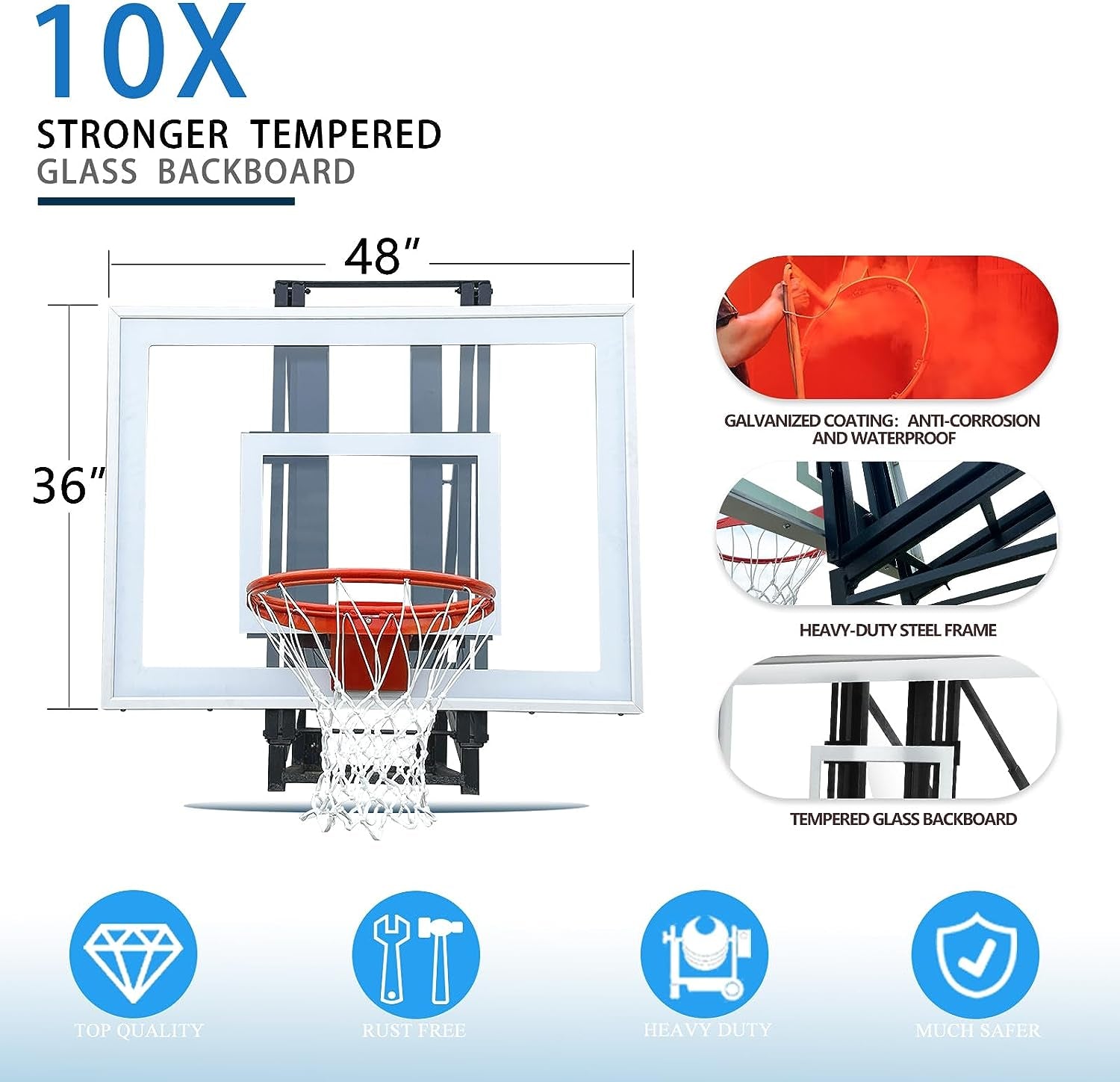 Basketball Hoop Roof Mount Garage Includes 48" or 60'' Crystal-Clear Tempered Glass Backboard, Durable Steel Universal Bracket and Double Spring Breakaway Rim with Net