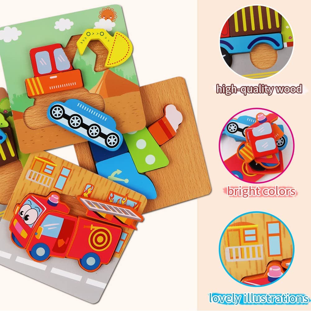 Wooden Puzzles for Toddlers 4 Pack Vehicle Shape Preschool Montessori Toys for Boys and Girls,Fine Motor Skill Early Learning Educational Gift for 1 2 3 Years Old Toddlers