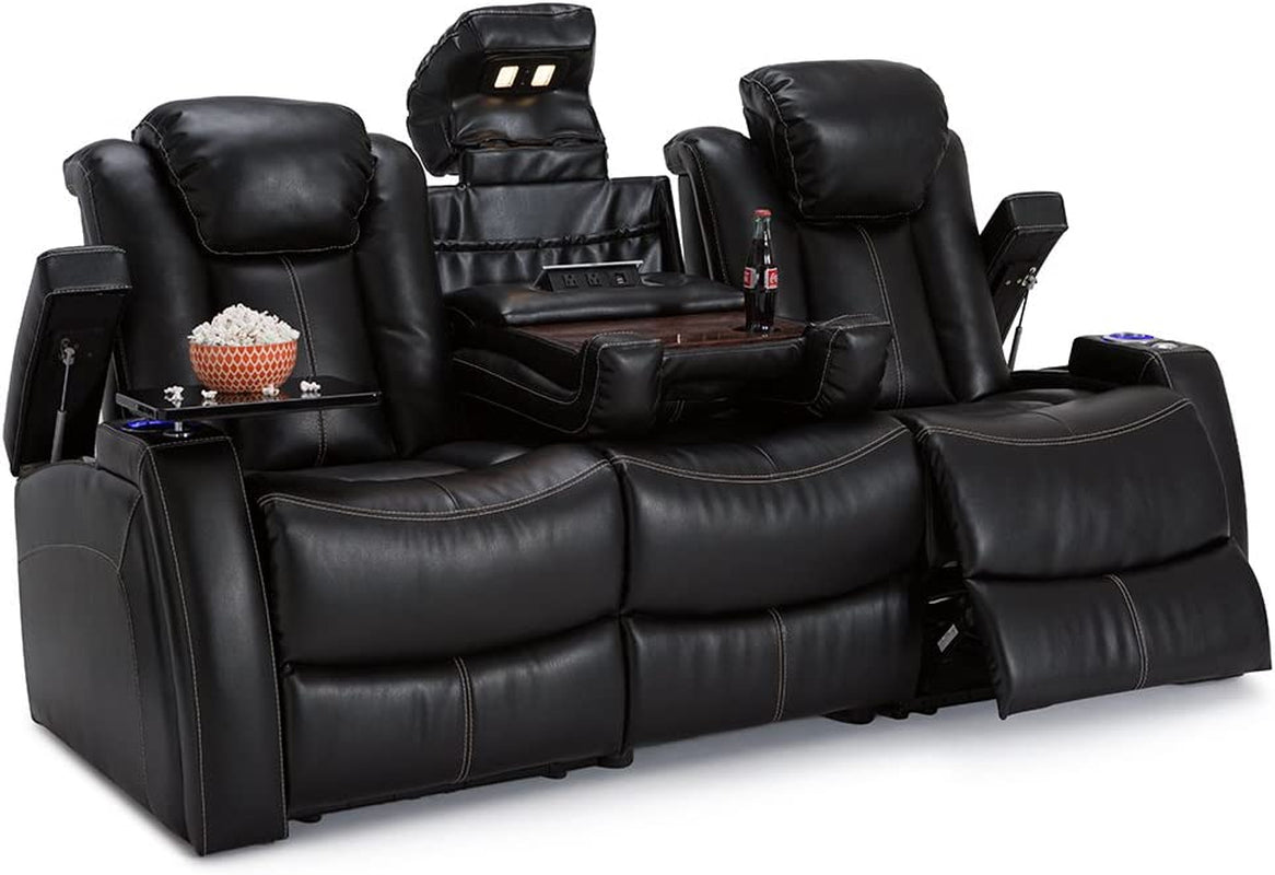 Omega Home Theater Seating - Leather Gel - Power Recline - Power Headrests - AC and USB Charging - Lighted Cup Holders - Fold down Table (Sofa, Black)