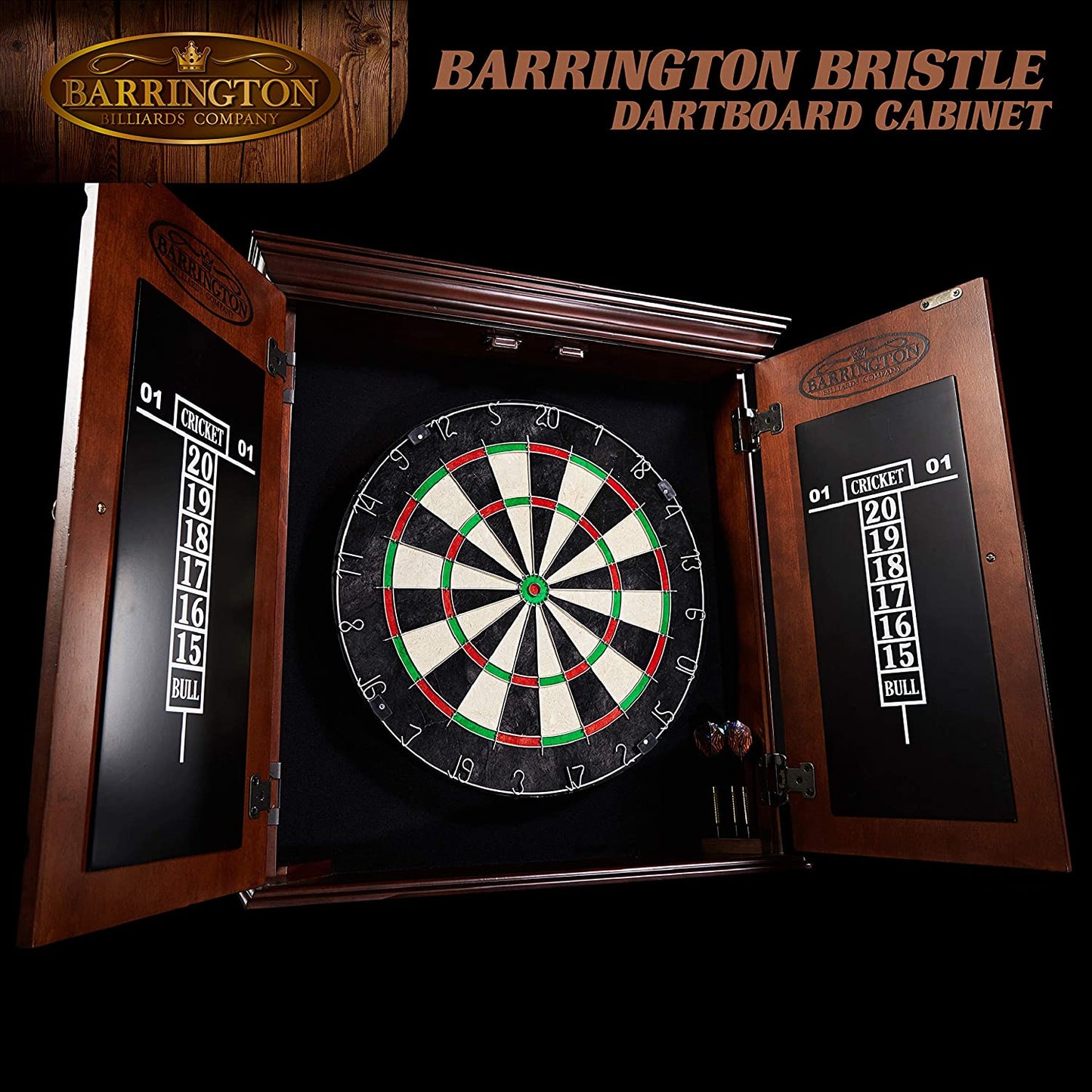 Barrington Dartboard Multiple Styles Pre-Assembled Wood Dartboard Cabinet Collection with 18” Bristle Dartboard & Steel Tip Dart Set, Perfect for Cricket Games