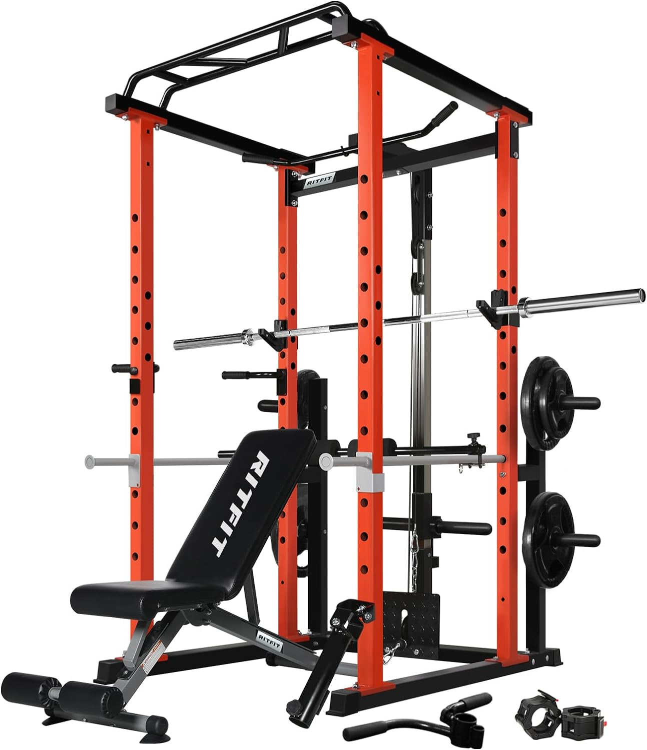 Garage & Home Gym Package Includes 1000LBS Power Cage with Optional LAT Pull down or Cable Crossover System, Weight Bench, Weight Plates Set with Olympic Barbell