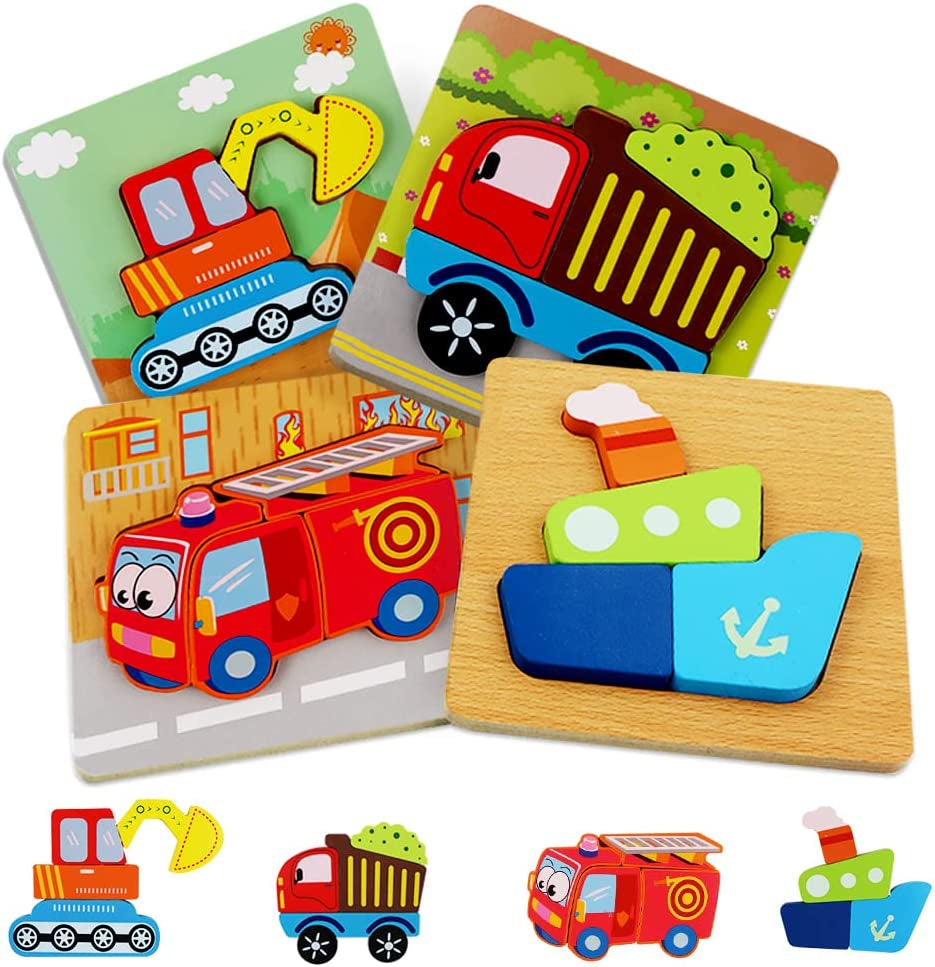 Wooden Puzzles for Toddlers 4 Pack Vehicle Shape Preschool Montessori Toys for Boys and Girls,Fine Motor Skill Early Learning Educational Gift for 1 2 3 Years Old Toddlers