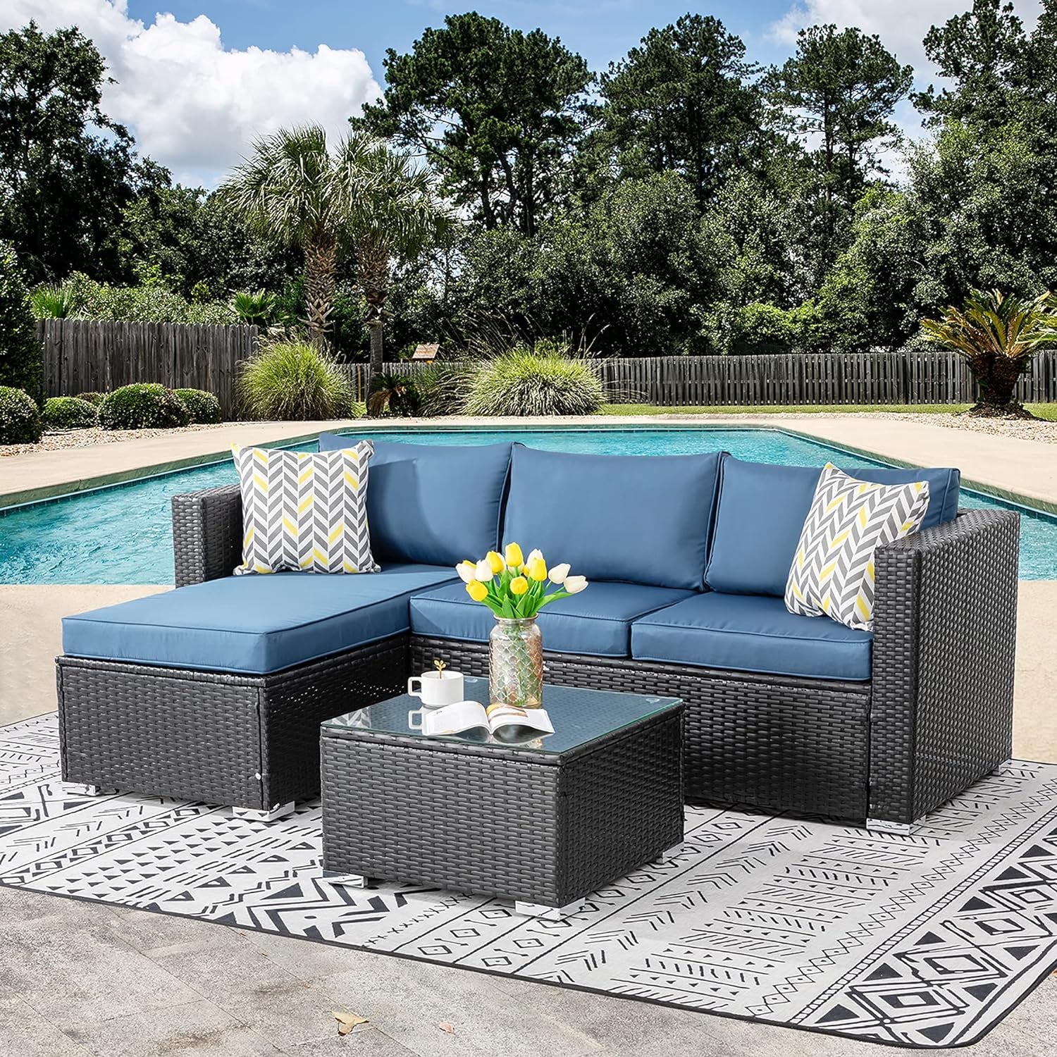 Patio Furniture Sets 3 Pieces Outdoor Sectional Sofa Black All-Weather Rattan Wicker Sofa Small Patio Conversation Couch with Washable Cushion and Glass Table(Aegean Blue)