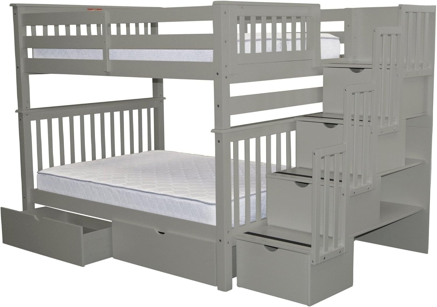 Stairway Bunk Beds Full over Full with 4 Drawers in the Steps and 2 under Bed Drawers, Gray