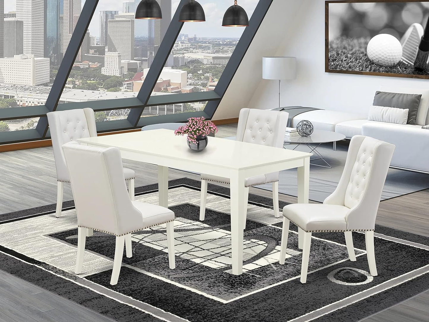 5 Piece Dining Room Set Includes a Rectangle Wooden Table and 4 Light Grey Faux Leather Upholstered Parson Chairs, 36X60 Inch,