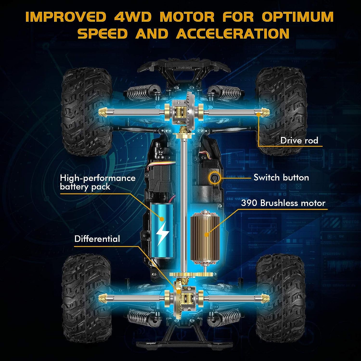 1:14 Large Scale High Speed Monster Truck Rock Crawler, Remote Control 4WD 36Km/H Off-Road RC Car Hobby Truck with 2 Rechargeable Batteries, All Terrain, Toys for Boys Kids and Adults Blue