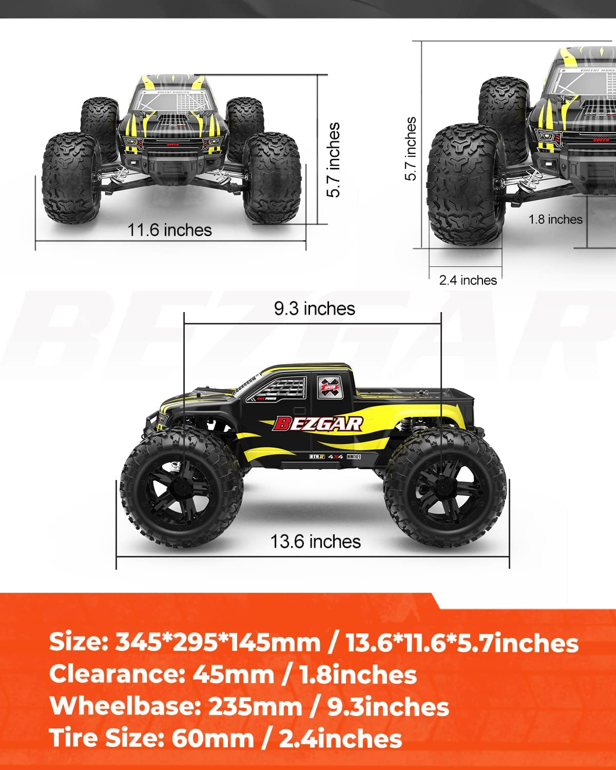 HM101 Hobby Grade 1:10 Scale Remote Control Truck with 550 Motor, 4WD Top Speed 42 Km/H All Terrains off Road RC Truck,Waterproof RC Car with 2 Rechargeable Batteries for Kids and Adults