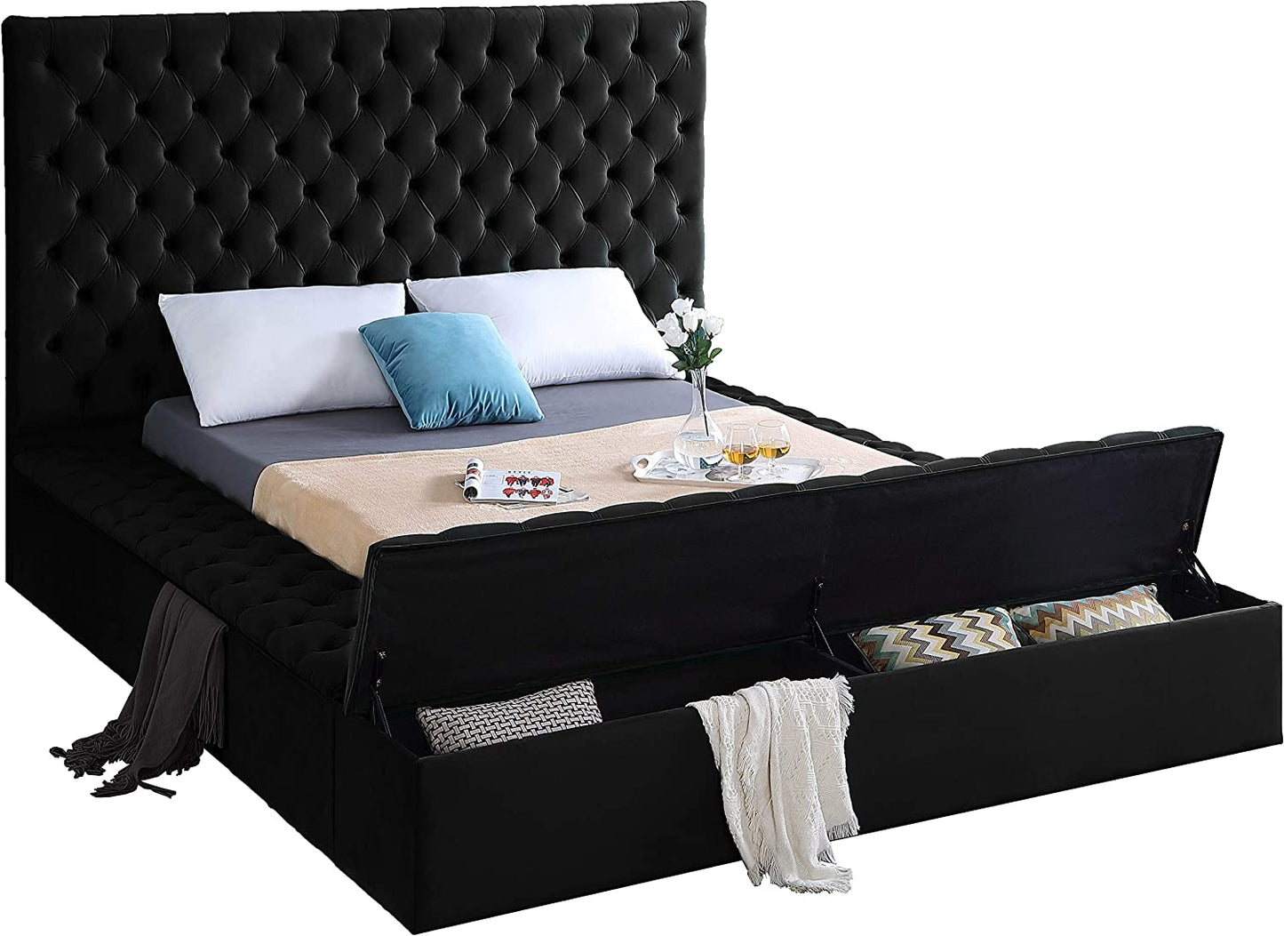 Bliss Collection Modern | Contemporary Velvet Upholstered Bed with Deep Button Tufting and Storage Compartments in Rails and Footboard, Black, King