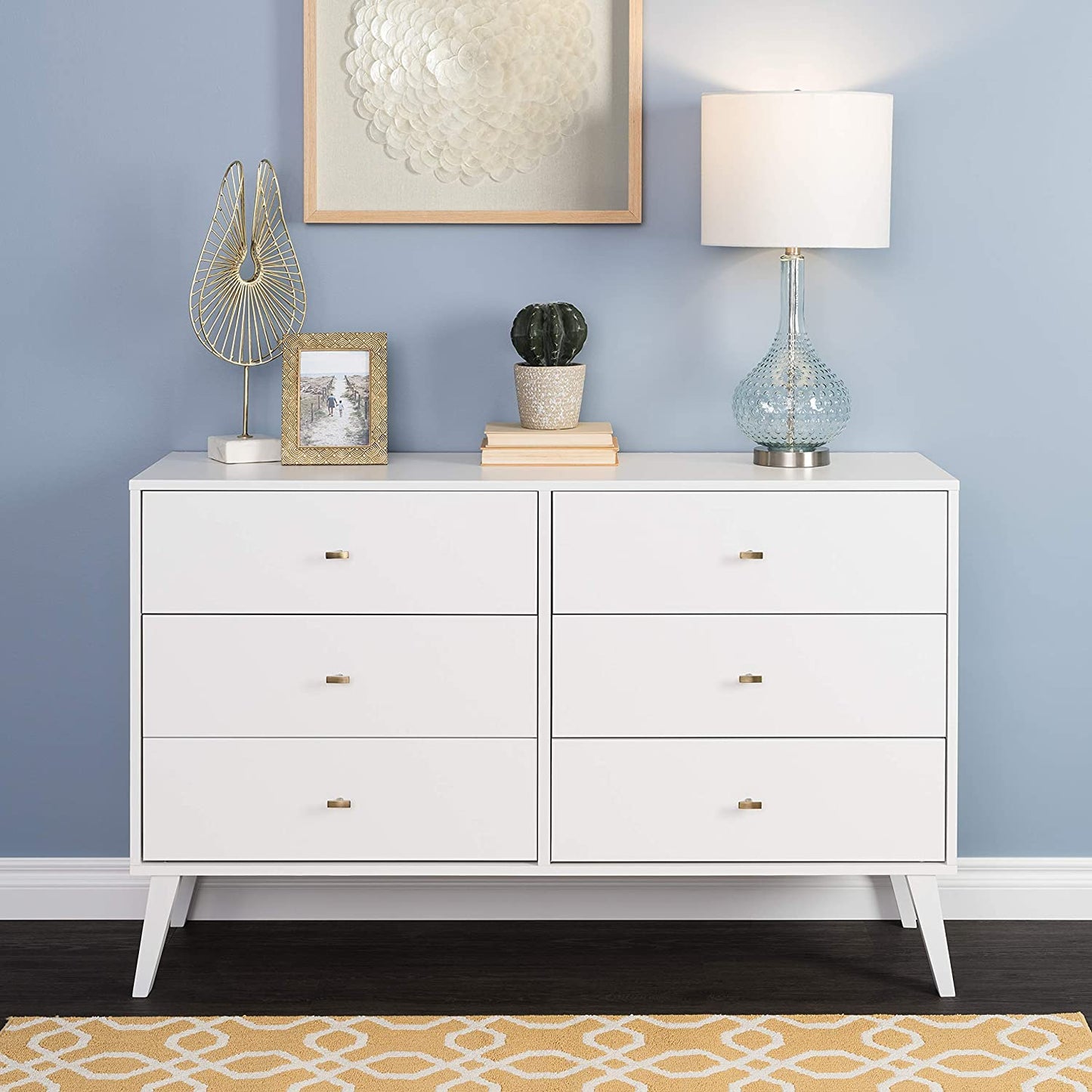 Milo Mid-Century 6 Drawer Double Dresser for Bedroom, 16" D X 52.50" W X 33" H, White