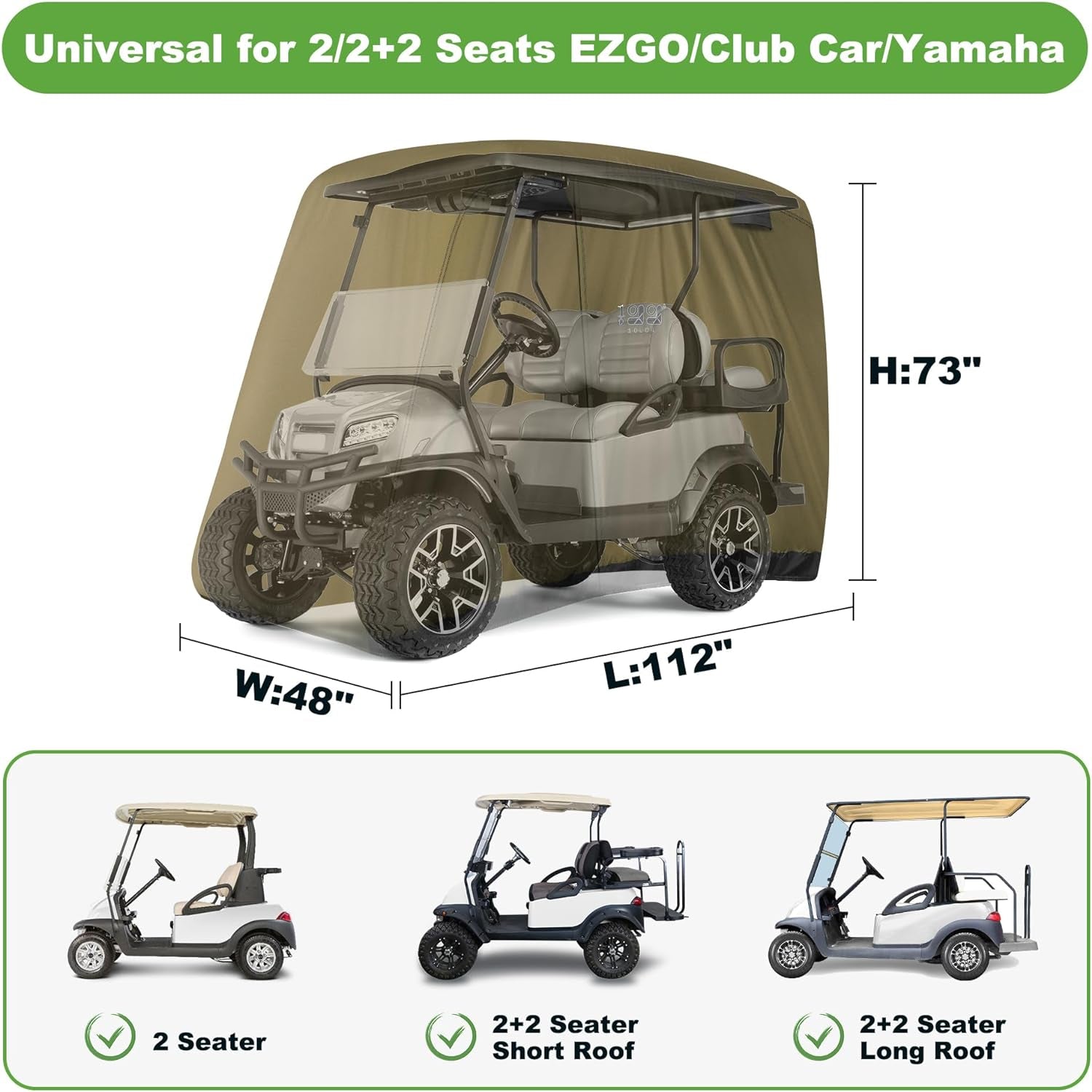 4 Passenger Golf Cart Cover Fits EZGO, Club Car, Yamaha, 400D Waterproof Windproof Sunproof Outdoor All-Weather Polyester Full Cover with Three Zipper Doors - Black/Army Green/Sliver/Camouflage