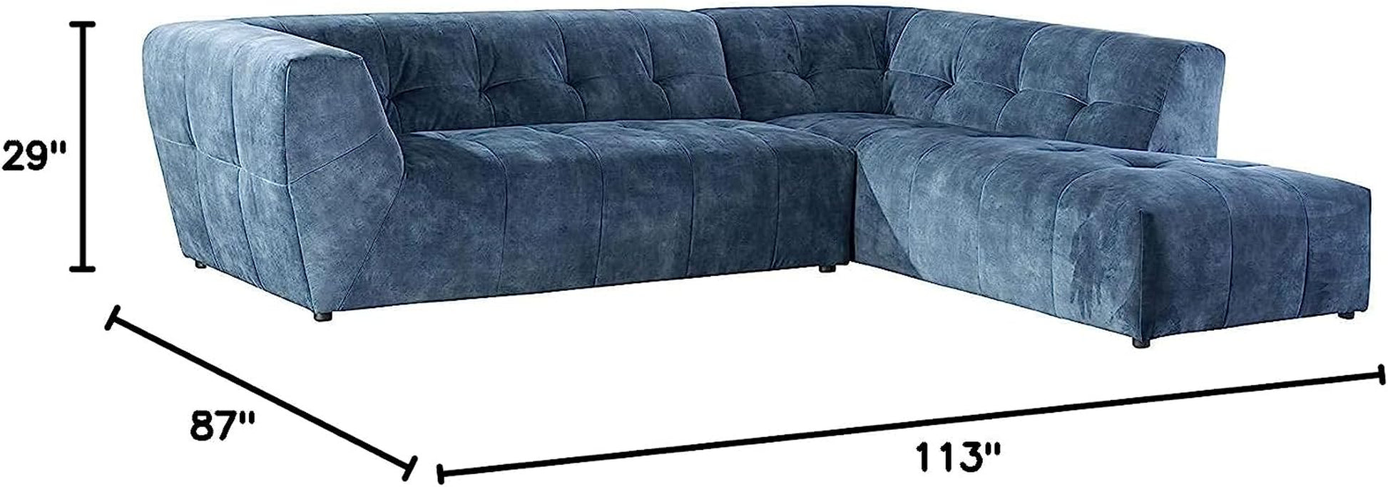 Mid-Century Velvet Sofa Couch for Living Room, L-Shape 2-Piece Chaise, Blue, 113" W Right Hand Facing Sectional