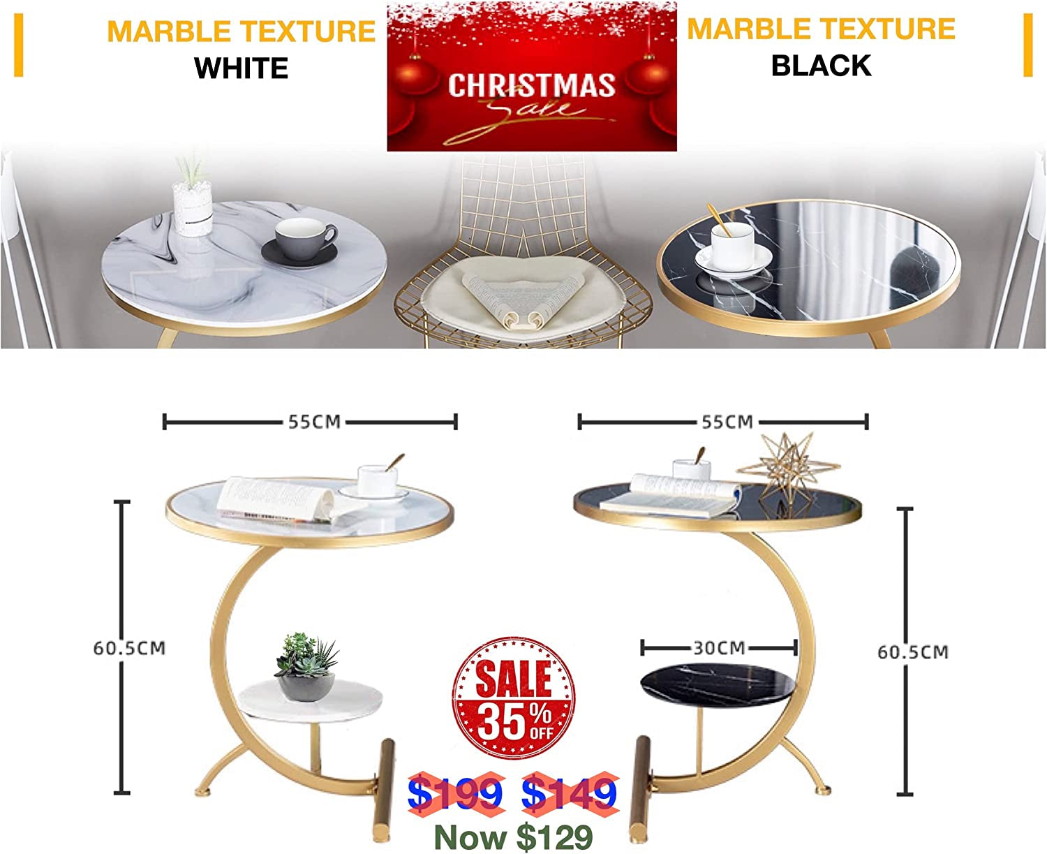 round Coffee Table with Storage Shelf for Home & Living Room| Marble Look| Side & Corner Table| Sofa End Table| Night Stand Table| Snack Table| Multi-Use Table| Outdoor & Indoor Furniture