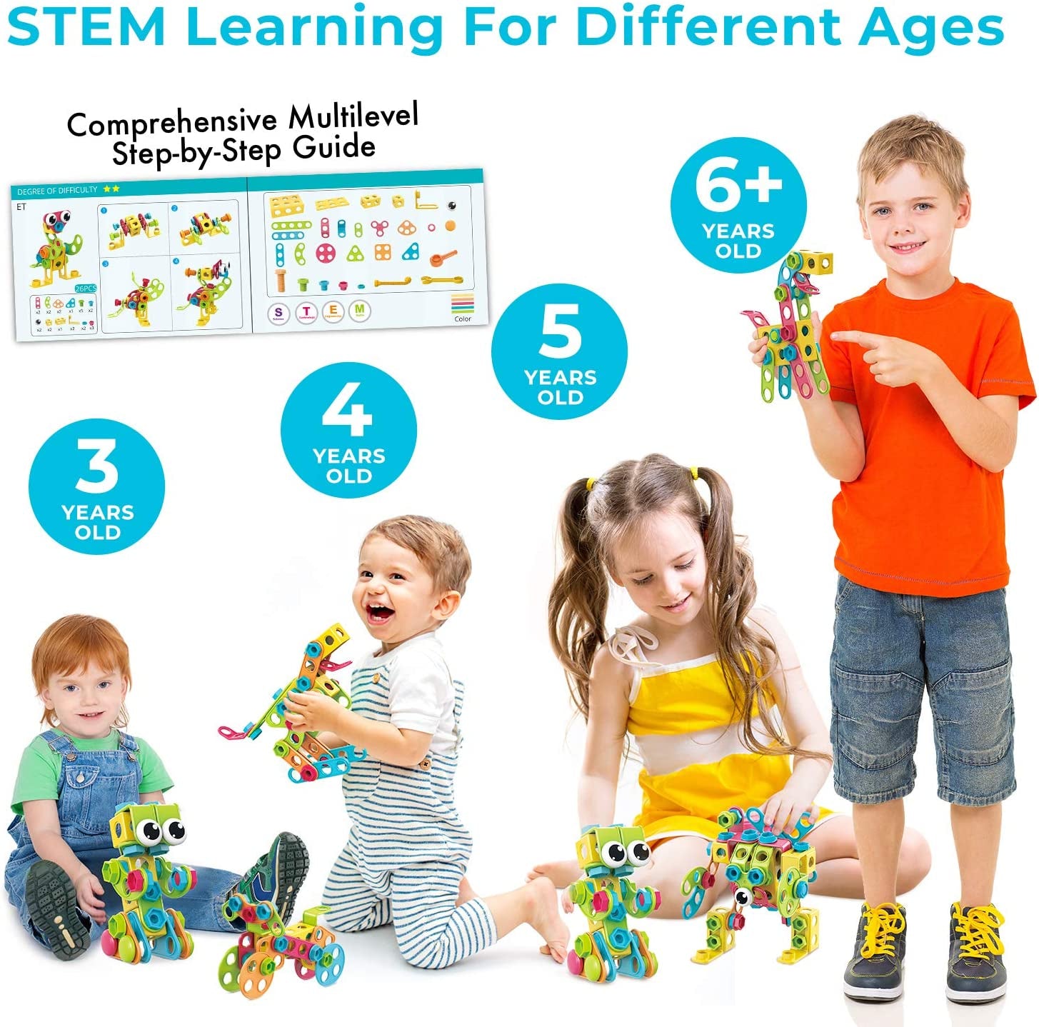 STEM Toys KIT 260 PCS W/Drill | Educational Construction Set + Mechanical Screwdriver, Creative Construction Toys, Building Blocks, Car Wheels Cogs Learning Set for Boys & Girls 4 5 6+ Years Old