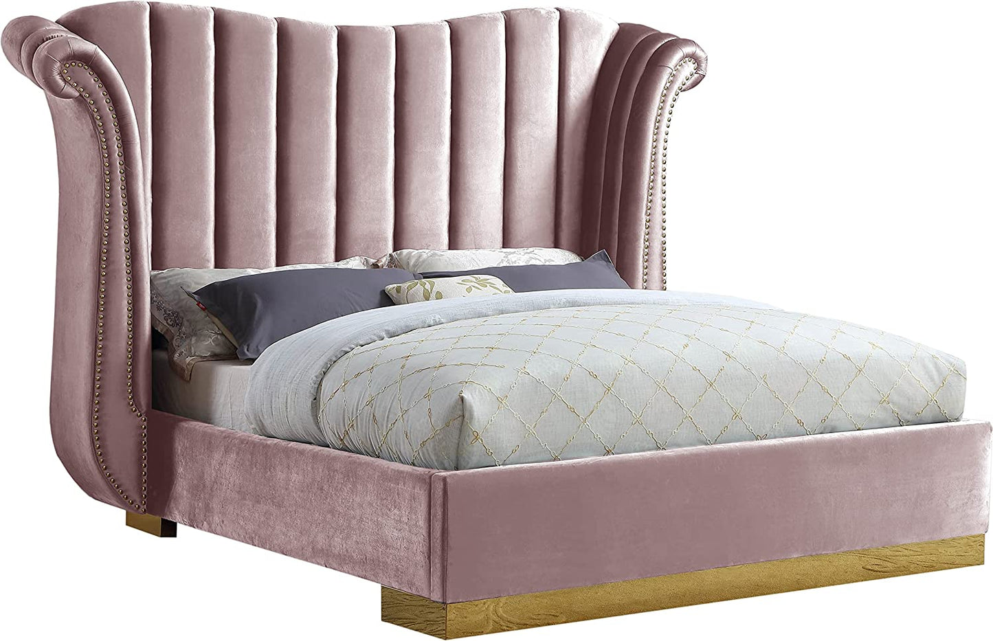 Flora Collection Modern | Contemporary Velvet Upholstered Bed Nailheads, Deep Channel Tufting and Gold Metal Base, King, Pink