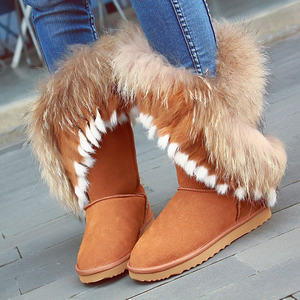 Womens Mid Calf Boots Cow Leather Fur Snow Boots