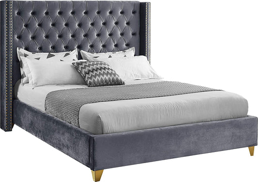 Barolo Collection Modern | Contemporary Velvet Upholstered Wing Designed Bed with Deep Detailed Tufting, Gold Nailhead Trim and Legs, Full, Grey