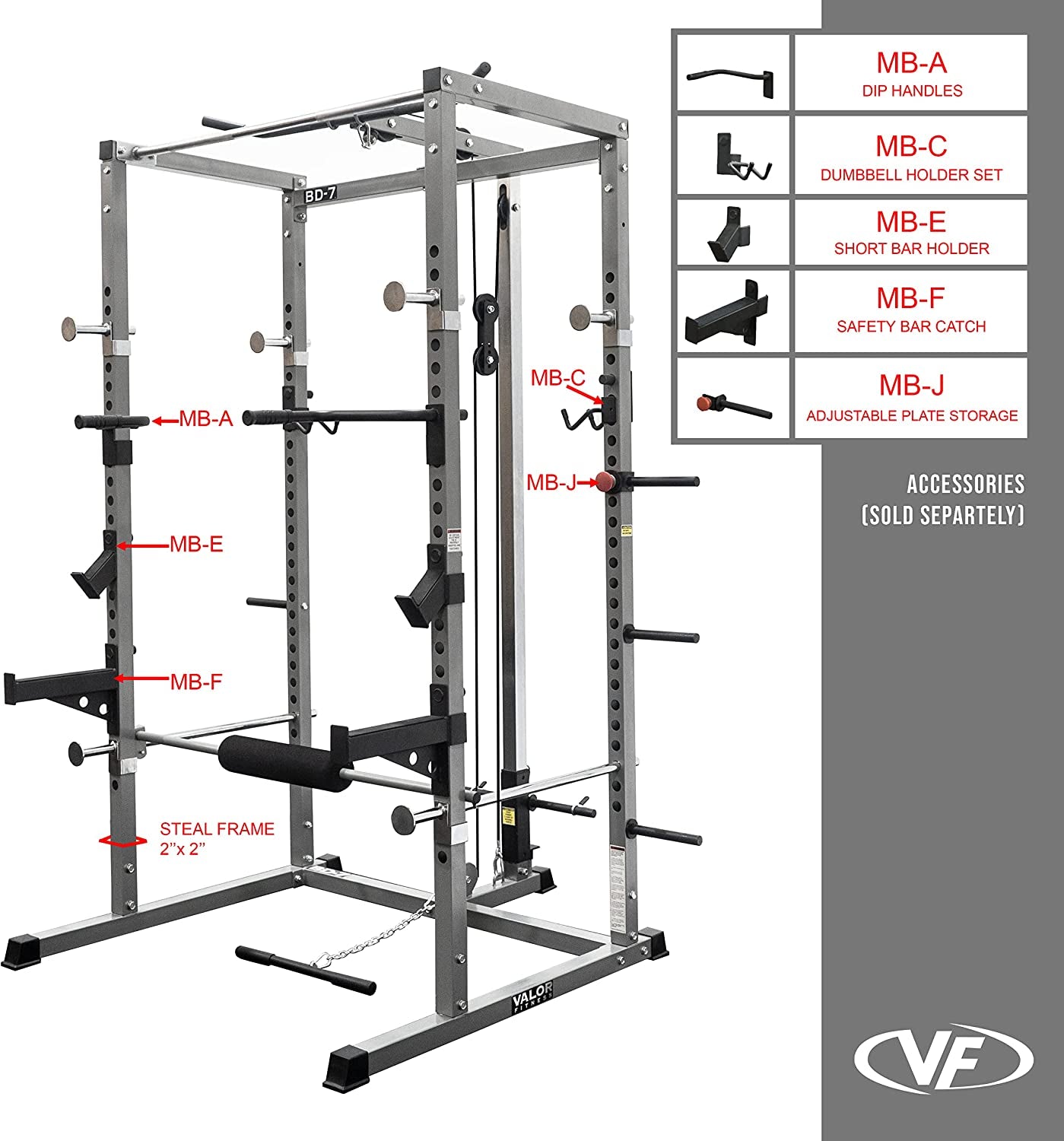 BD-7 Power Rack - Squat Rack and Bench Press Power Cage with LAT Pulldown Attachment and Other Workout Rack Bundle Options for a Complete Weightlifting Home Gym